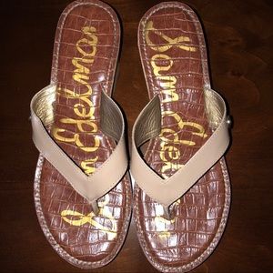 SAM EDELMAN Nude Patent Leather Cork Wedges